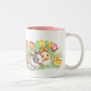 Easter Bunnies, Duckling and Tulips Two-Tone Coffee Mug