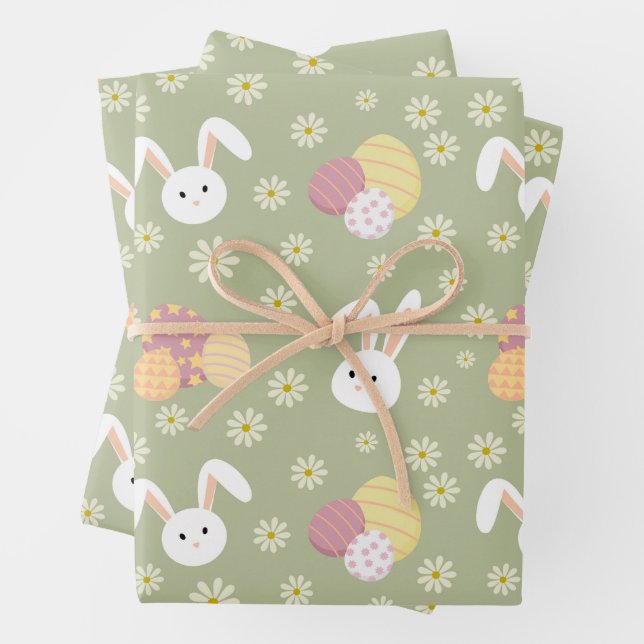 Easter Bunnies, Eggs and Flowers Pastel Colours   Wrapping Paper Sheet (In situ)