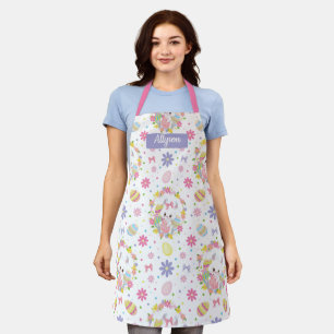 Easter Bunnies Floral Pattern Monogram Name Apron