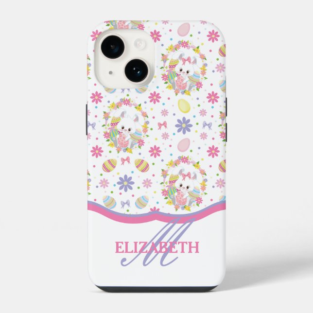Easter Bunnies Floral Pattern Monogram Name iPhone Case (Back)
