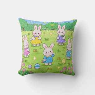 Easter Bunnies hiding eggs in a garden Cushion