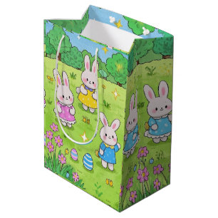 Easter Bunnies hiding eggs in a garden Medium Gift Bag