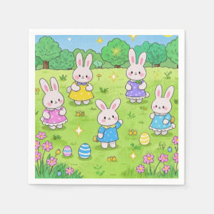 Easter Bunnies hiding eggs in a garden Napkin