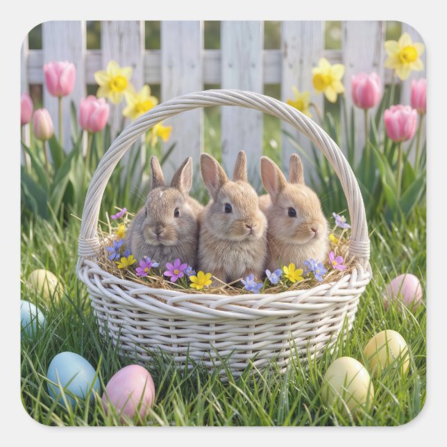 Easter Bunnies In a Wicker Basket on Grass Square Sticker (Front)