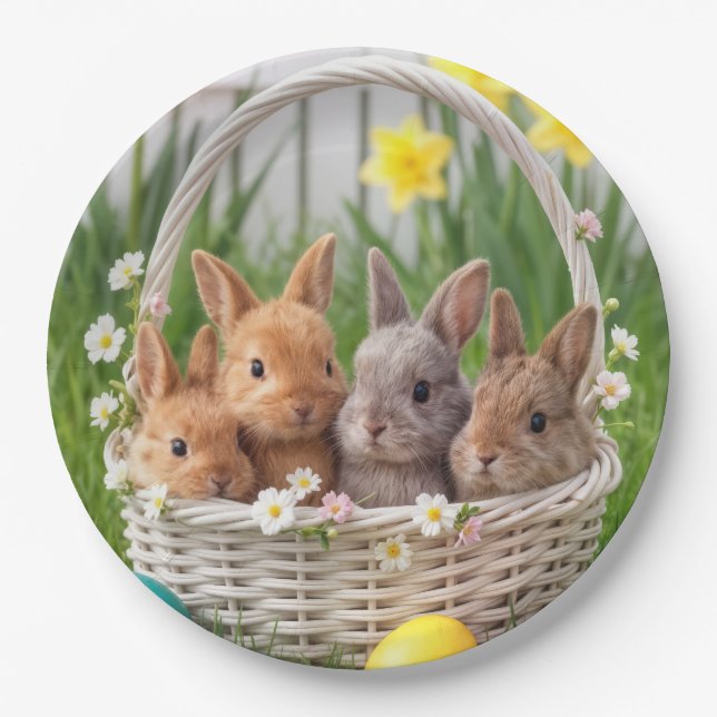 Easter Bunnies in a Wicker Basket Paper Plate (Front)