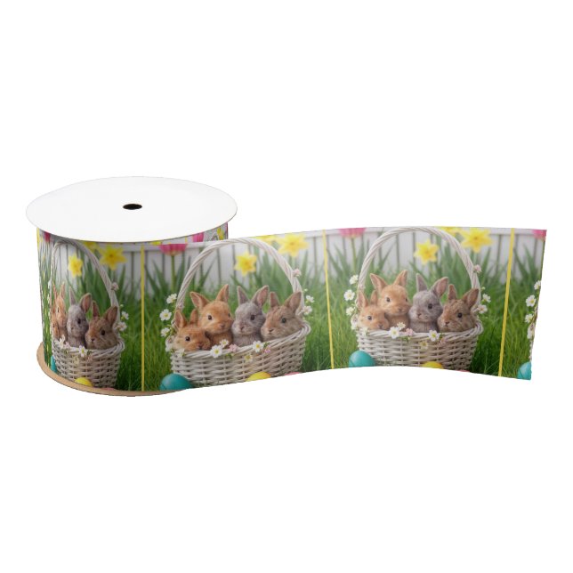 Easter Bunnies in a Wicker Basket Satin Ribbon (Spool)