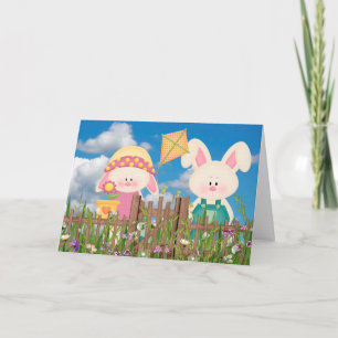 Easter Bunnies in Garden Holiday Card
