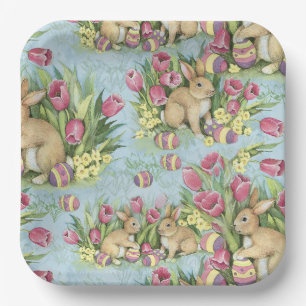Easter Bunnies In The Garden w Tulips Paper Plate