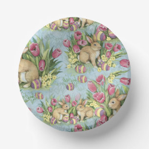 Easter Bunnies In The Garden w Tulips Paper Plate