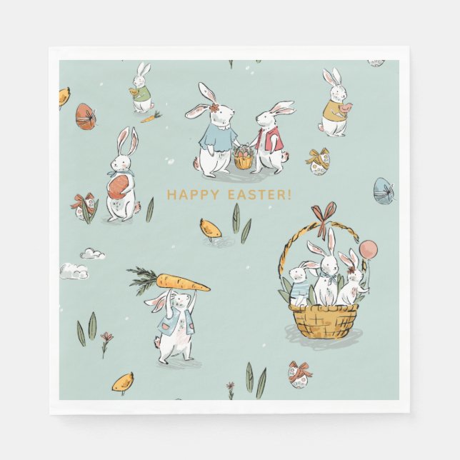 Easter Bunnies Pattern Egg and Carrots Hunt Custom Napkin (Front)