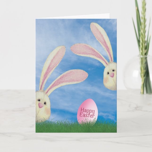 Easter bunnies with pink egg in grass card (Front)