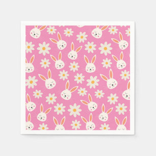 Easter Bunnies with White Flowers on Pink Napkin