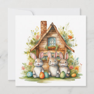Easter Bunnies with Wooden House and Colourful Egg
