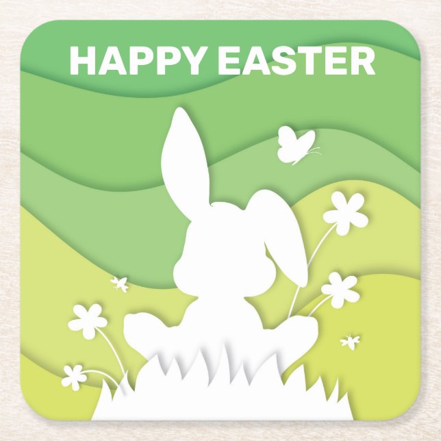 Easter bunny 3D paper cut green nature spring  Square Paper Coaster (Front)