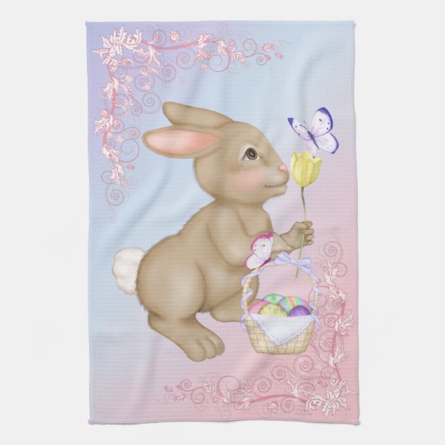 Easter Bunny and Basket Tea Towel (Vertical)