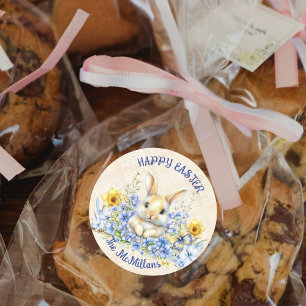 Easter Bunny and Blue Flowers n Yellow Daffodils Classic Round Sticker