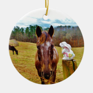Easter Bunny and Brown horse Ceramic Ornament