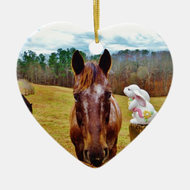 Easter Bunny and Brown horse Ceramic Ornament (Front)