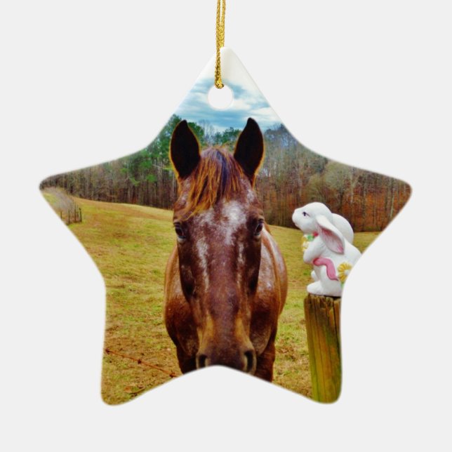 Easter Bunny and Brown horse Ceramic Tree Decoration (Front)