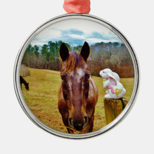 Easter Bunny and Brown horse Metal Ornament