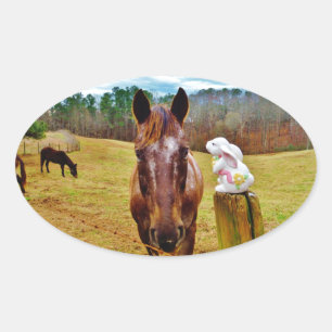 Easter Bunny and Brown horse Oval Sticker