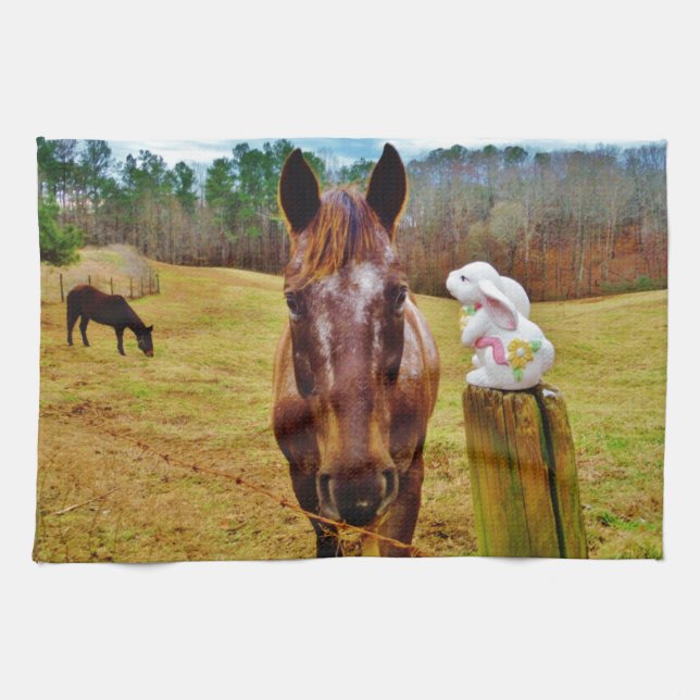 Easter Bunny and Brown horse Tea Towel (Horizontal)