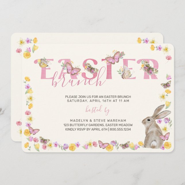 Easter Bunny and Butterfly Dainty Floral Brunch Invitation (Front/Back)