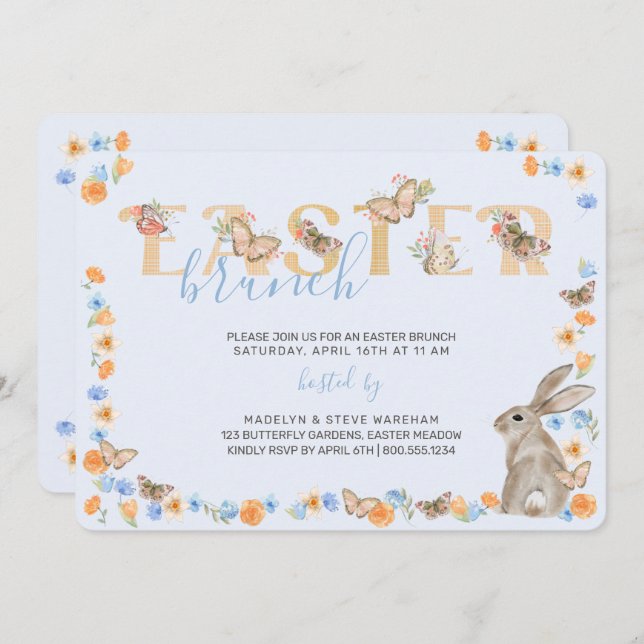 Easter Bunny and Butterfly Sweet Floral Brunch Invitation (Front/Back)