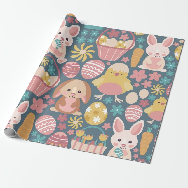 Easter Bunny and Chick Pattern Wrapping Paper (Unrolled)