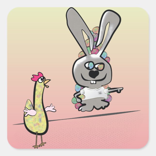 Easter Bunny and Chicken Cartoon Square Sticker (Front)