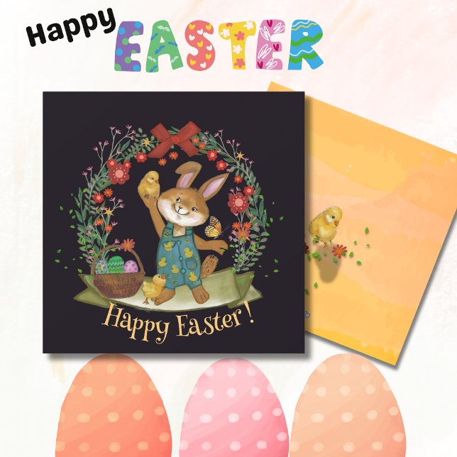 Easter bunny and chicks black yellow holiday card (Easter bunny and chicks black yellow holiday card)