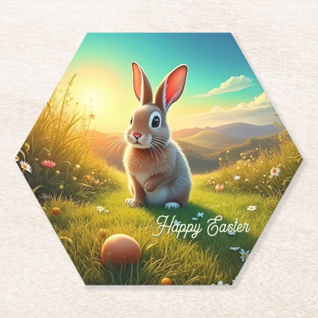 Easter Bunny and Colourful Eggs in Spring Magic Paper Coaster (Front)