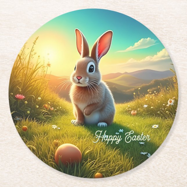Easter Bunny and Colourful Eggs in Spring Magic Round Paper Coaster (Front)