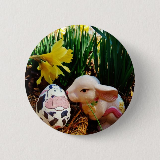 Easter Bunny and cow egg 6 Cm Round Badge (Front)