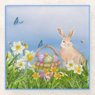 Easter Bunny and Daffodils Glass Coaster