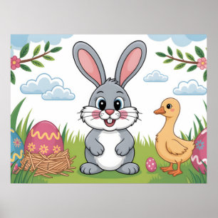 Easter Bunny and Duckling in Spring Meadow Poster
