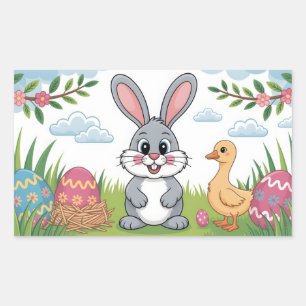 Easter Bunny and Duckling in Spring Meadow Rectangular Sticker