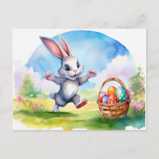 Easter Bunny and Eggs Basket Postcard (Front)