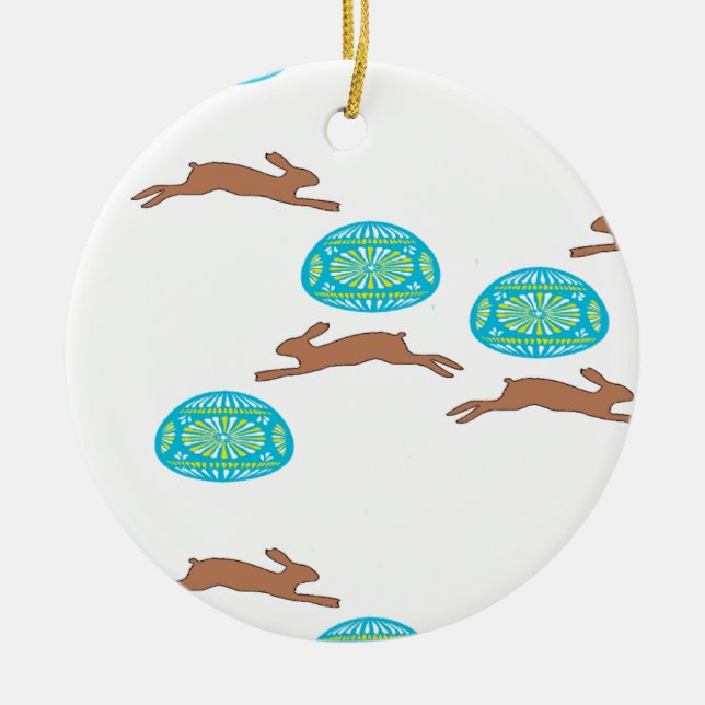 easter bunny and eggs on white ceramic ornament (Front)