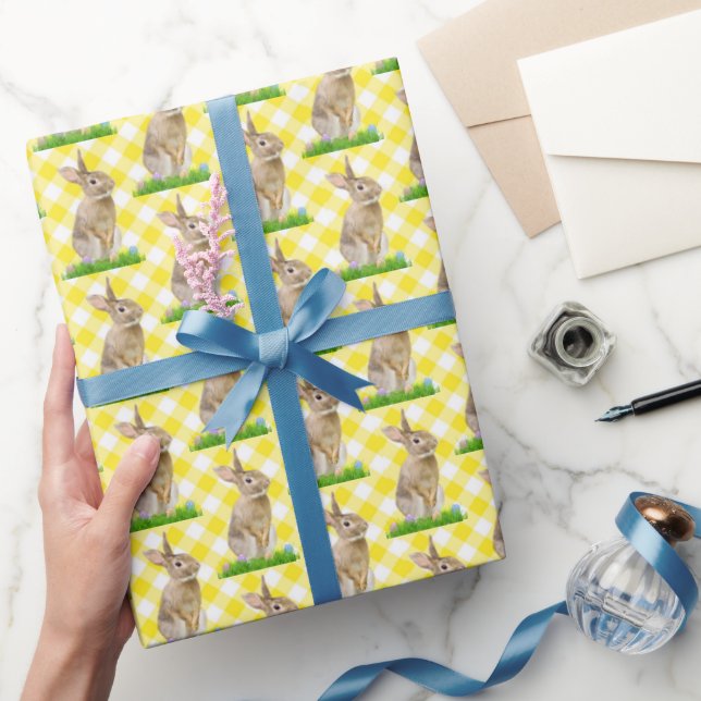 Easter Bunny and Eggs On Yellow Gingham Wrapping Paper (Gifting)