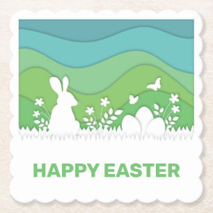 Easter bunny and eggs papercut 3d green nature paper coaster