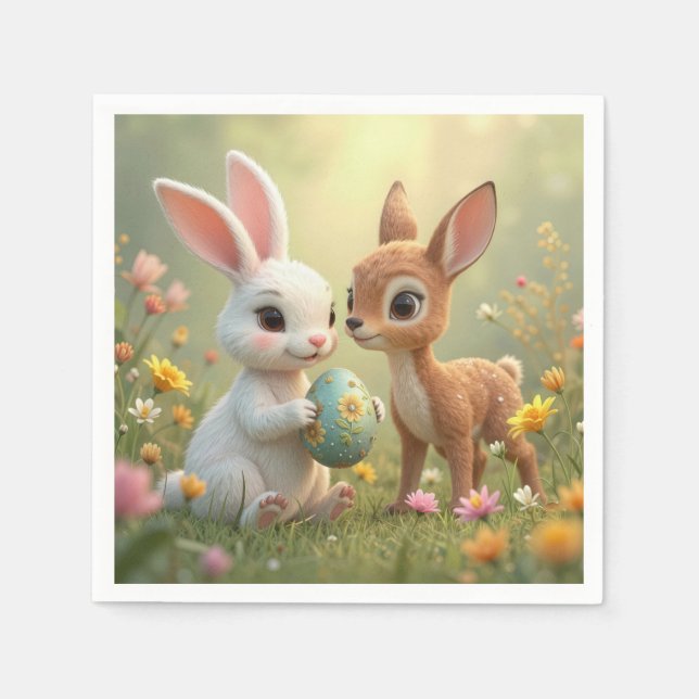 Easter Bunny and Fawn In Wildflowers Napkin (Front)