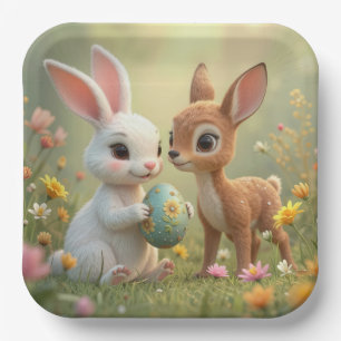 Easter Bunny and Fawn In Wildflowers Paper Plate