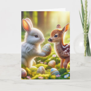 Easter Bunny and Fawn With Eggs Holiday Card