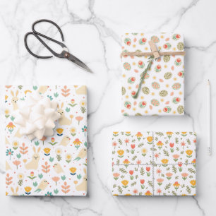 Easter Bunny and Flowers Spring Wrapping Paper Sheet