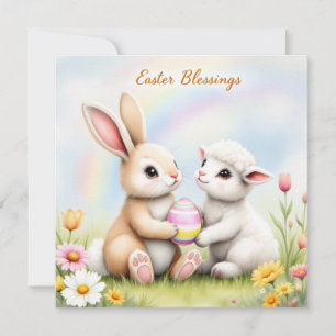 Easter Bunny and Lamb Sharing an Egg Holiday Card