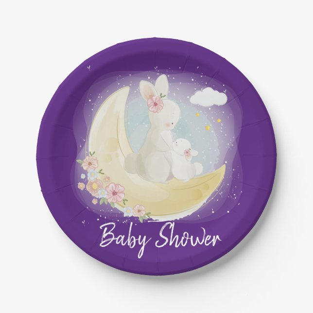 Easter Bunny and Moon Purple Girl Baby Shower Paper Plate (Front)