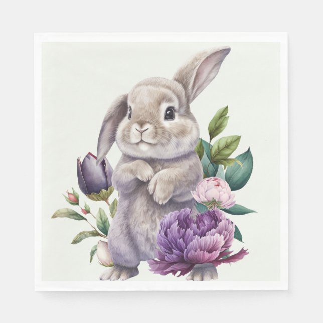 Easter Bunny And Peonies Flowers Napkin (Front)