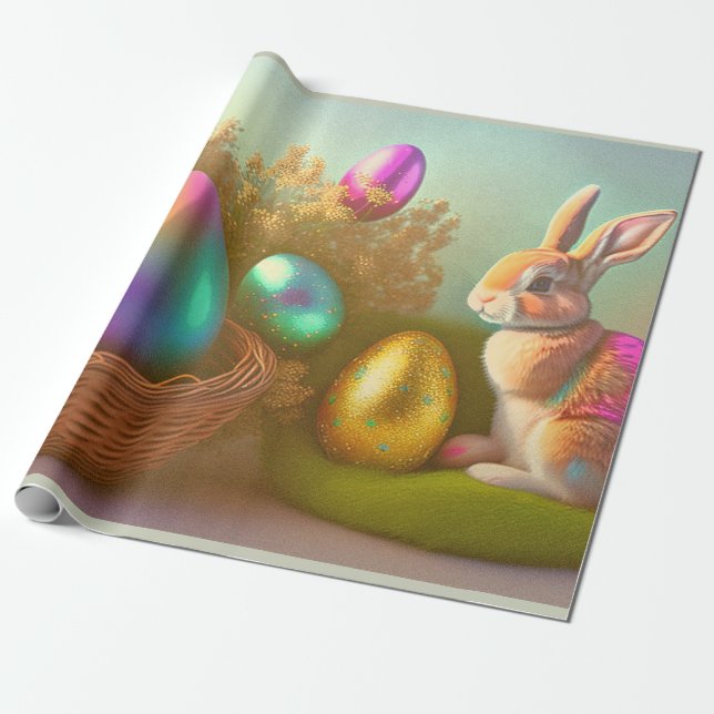 Easter Bunny And Shiny Eggs In A Basket Collection Wrapping Paper (Unrolled)