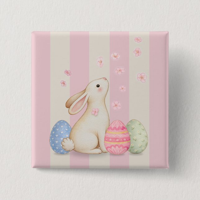 Easter Bunny and Spring Pastel Stripe 15 Cm Square Badge (Front)